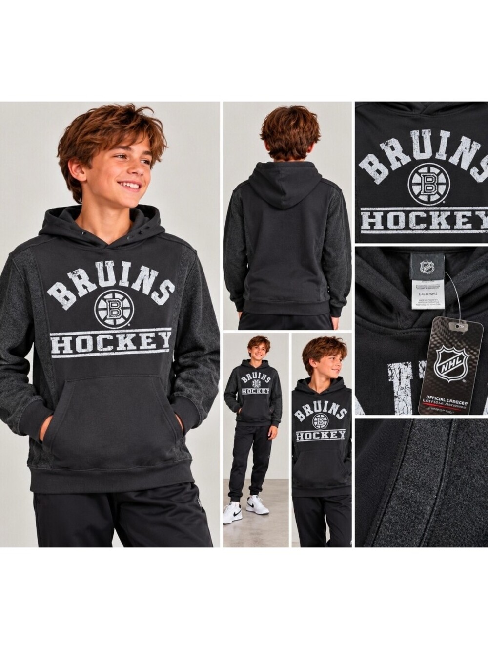 Boston Bruins NHL Youth L 10/12 Hockey Distressed Pullover Hoodie Black NWT